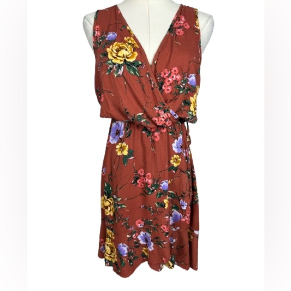 Lush Rust Floral Wrap Midi Dress with Yellow & Purple Blooms